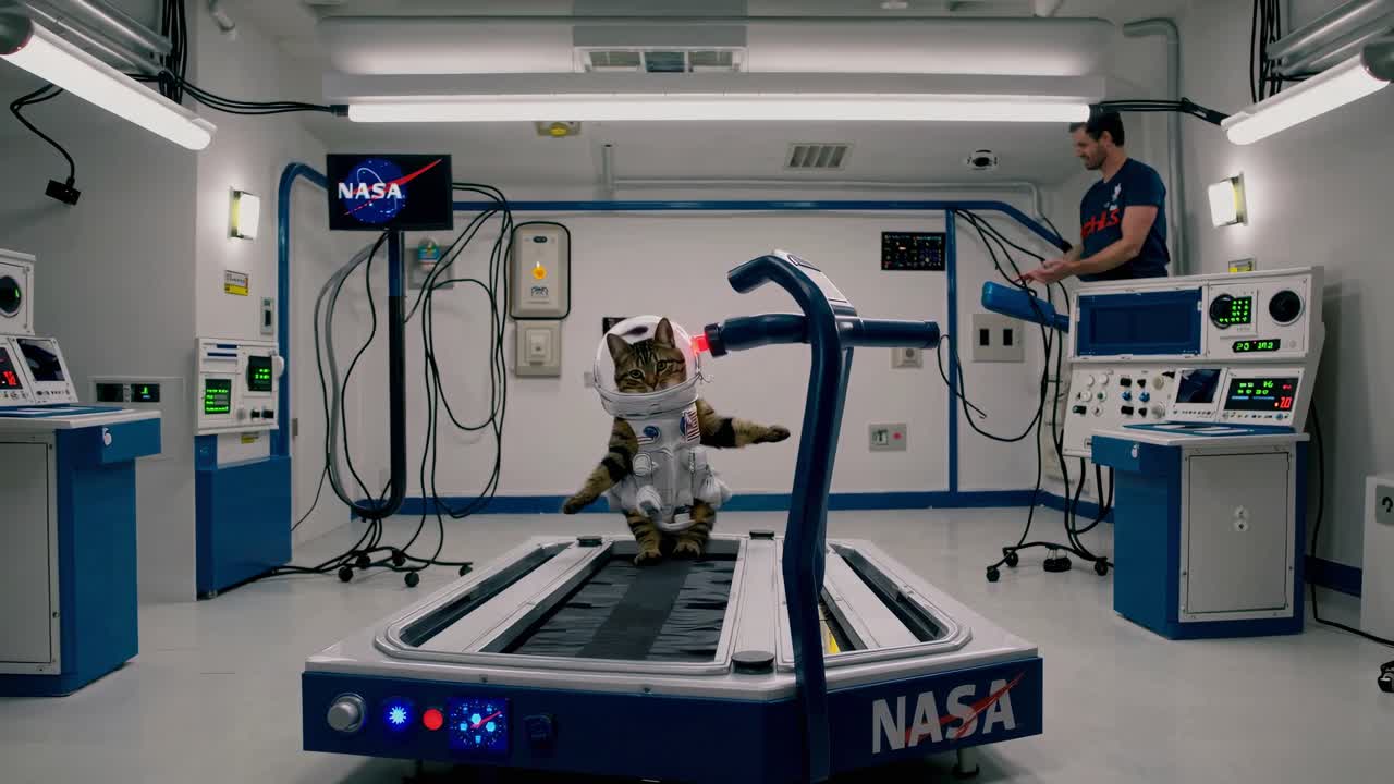 Cat Astronaut on a Treadmill in a NASA Simulation