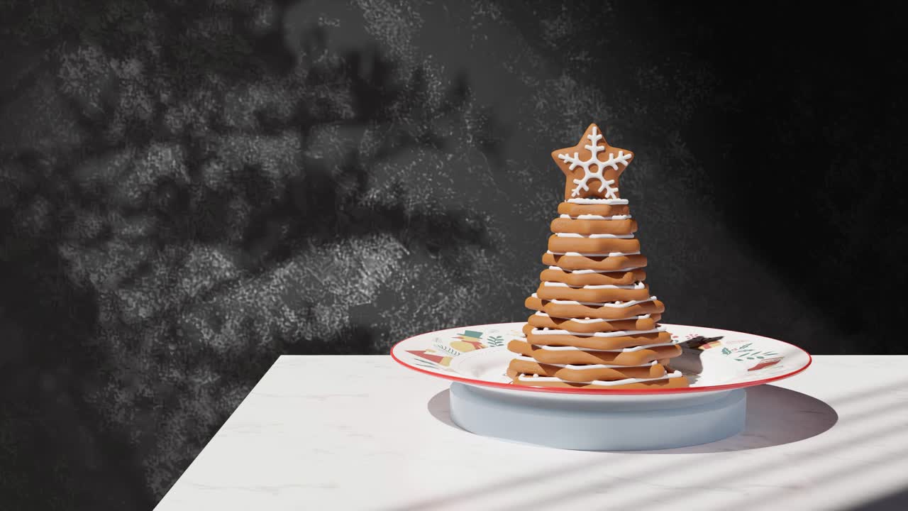 schokoladenkekse, zuckerkuchen auf weißem teller und animation auf schwarzem hintergrund
