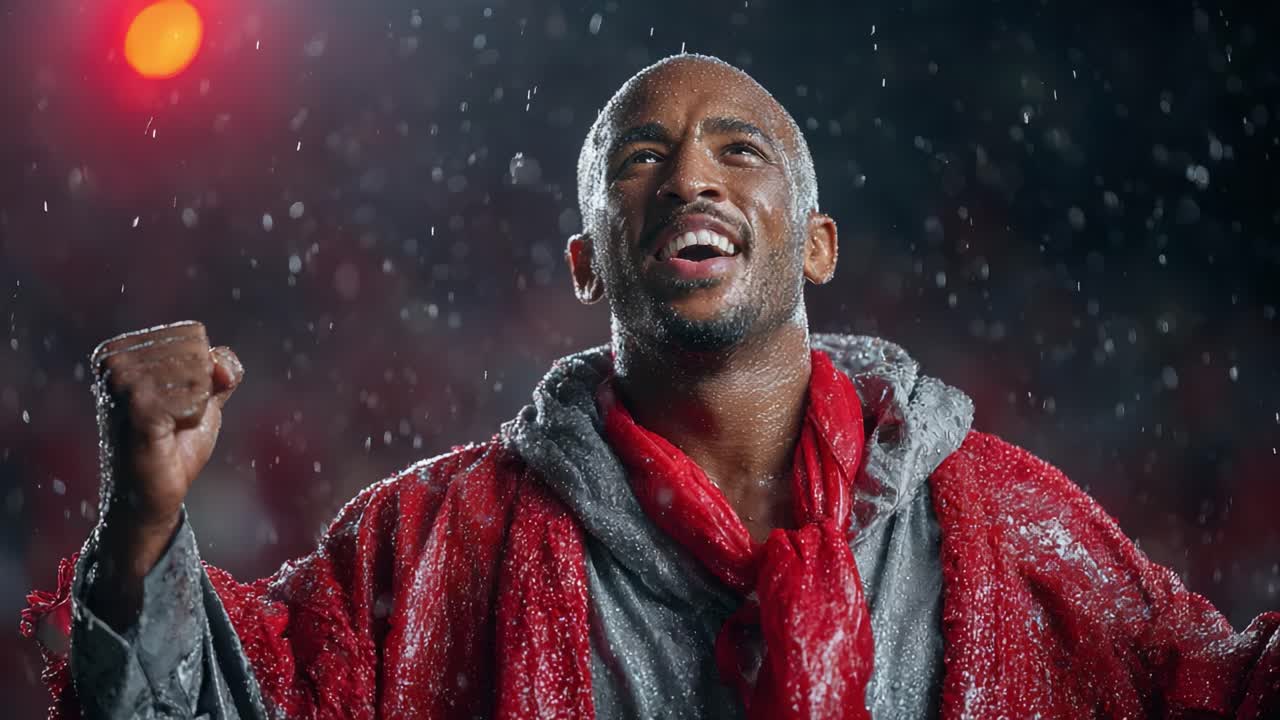 A triumphant athlete celebrates victory in a dramatic scene, drenched in rain, showcasing resilience and passion while raising a fist to the sky in an inspiring moment