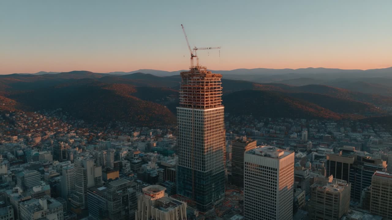 Vista aérea de un rascacielos en construcción al atardecer en medio de un paisaje montañoso, mostrando el desarrollo urbano y la innovación arquitectónica