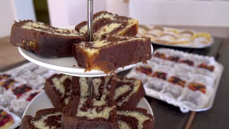 wedding table with marmorkuchen cake and chocolate