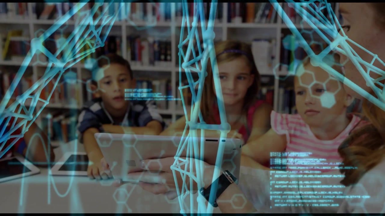 Teacher holding tablet, guiding students in education, molecular code overlay expanding over tablet