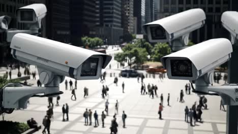 aerial view of surveillance cameras over a bustling urban plaza, capturing commuters and city life amidst modern skyscrapers and public spaces