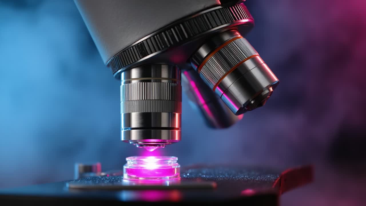 Exploring the Microscopic World: A Close-Up View of a High-Tech Microscope Illuminating a Slide with Vibrant Colors and Atmospheric Effects