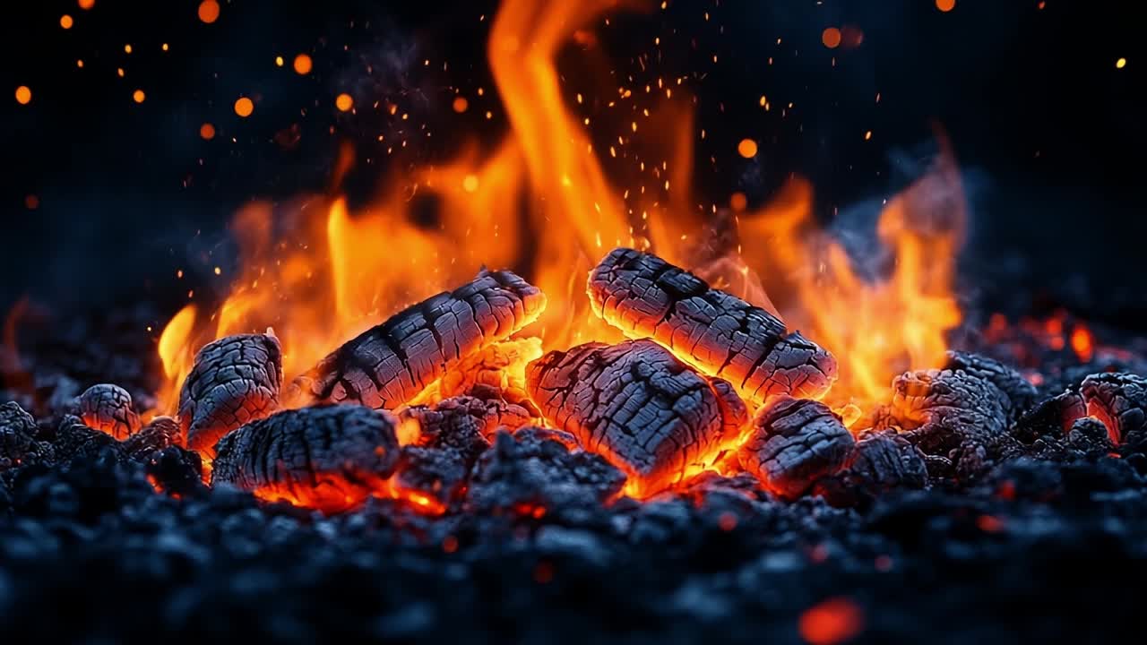 Bright flames dance above glowing embers. Flames soar from coals, and sparks twinkle in the dark, creating a mesmerizing night display.