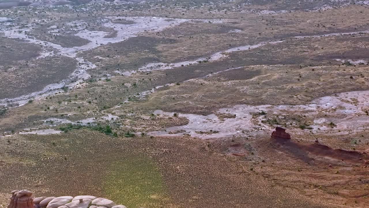 Vista del paesaggio del Mojave con terreno arido e piante sparse.