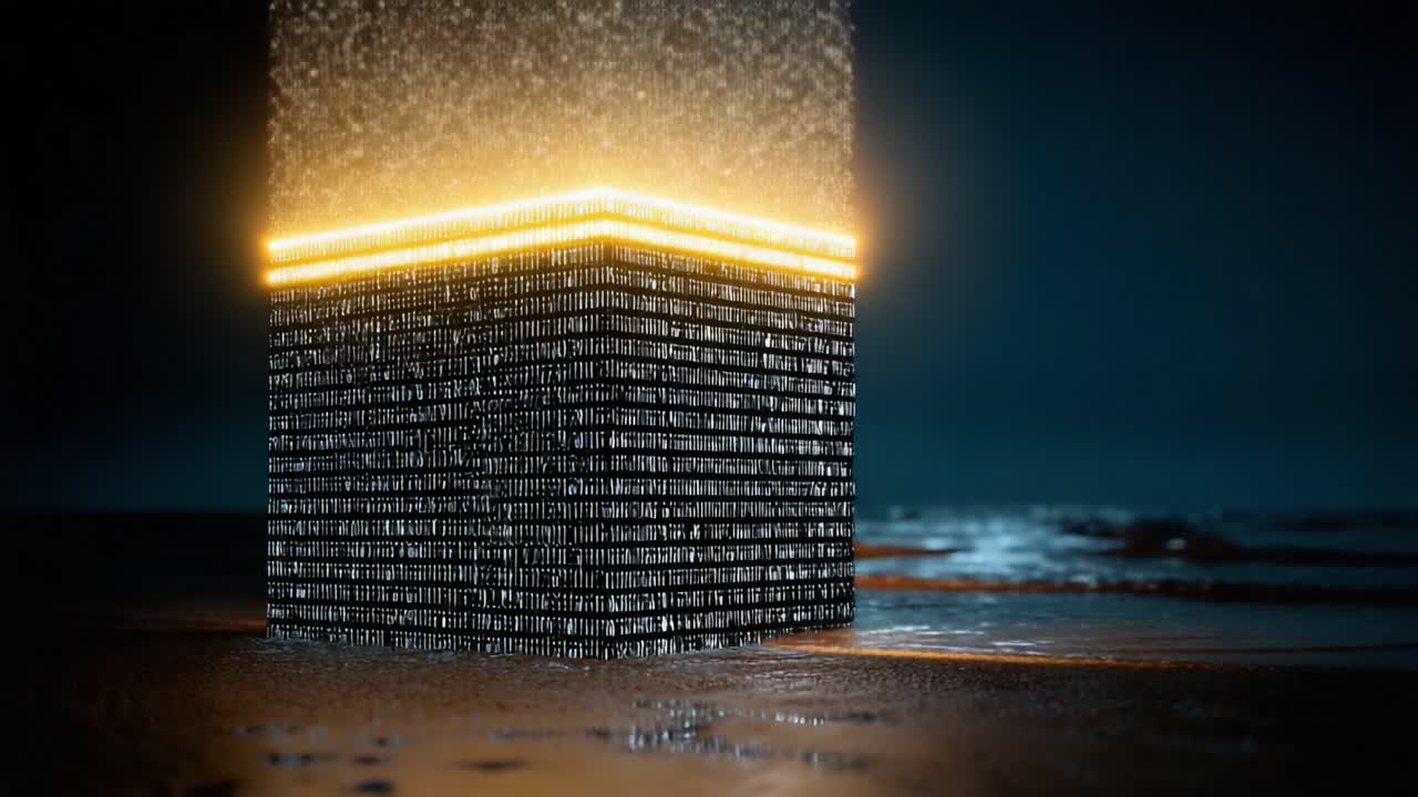 Digital kubestruktur downloader information og gløder med gyldent lys på en våd sandstrand om natten. Animation af teknologi-, databehandlings- og kunstig intelligens-koncept