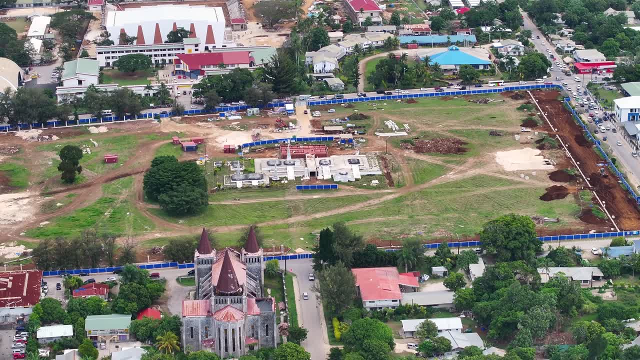 Aerial view of Royal Tombs site in Nuku'alofa city, Tonga. Under renovation after cyclone.
