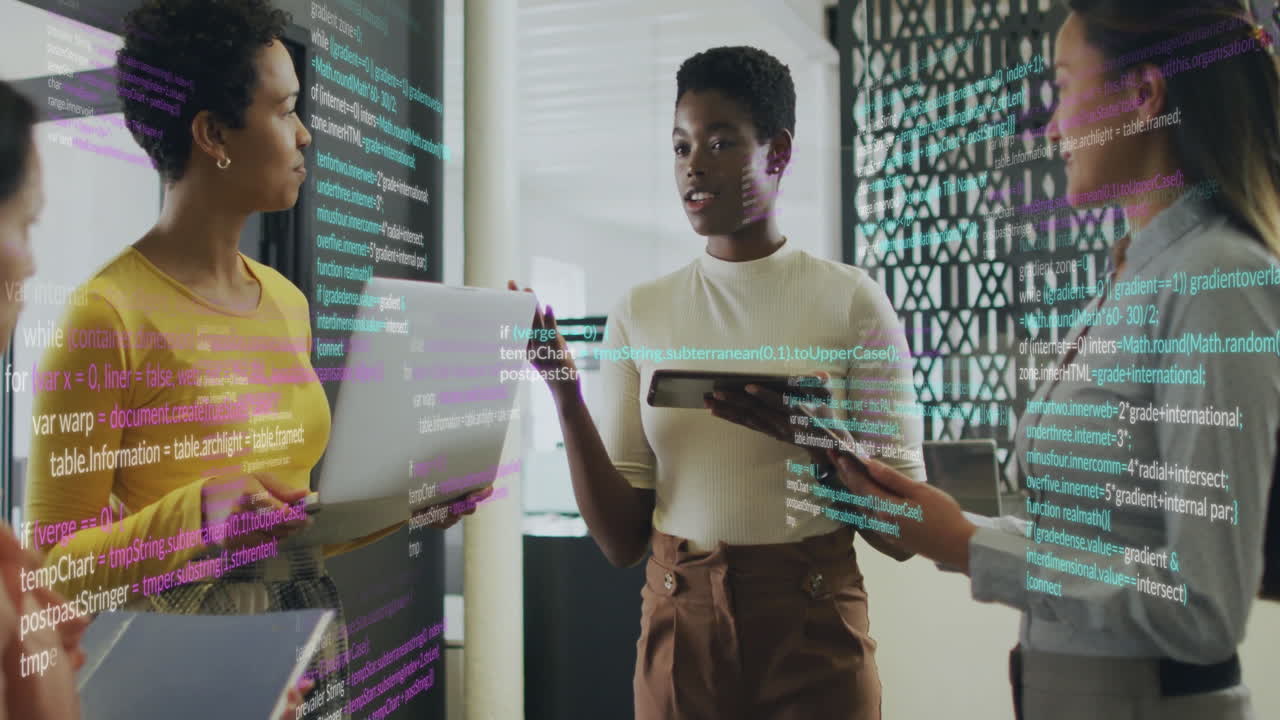 Animation of financial data processing over diverse business people in office