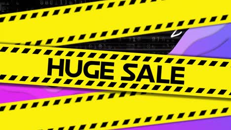 Animation-of-huge-sale-text-on-yellow-hazard-tape,-over-purple-waves-and-data-processing-on-black