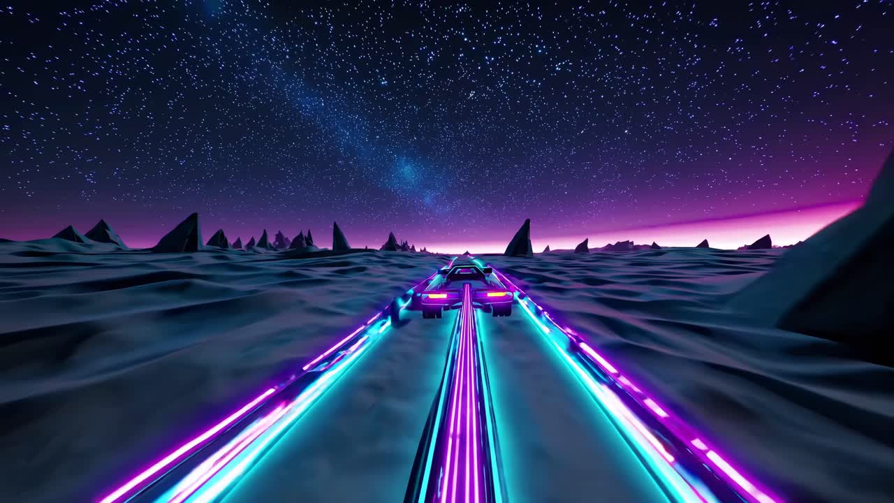 coche futurista de neón en el paisaje nocturno estrellado