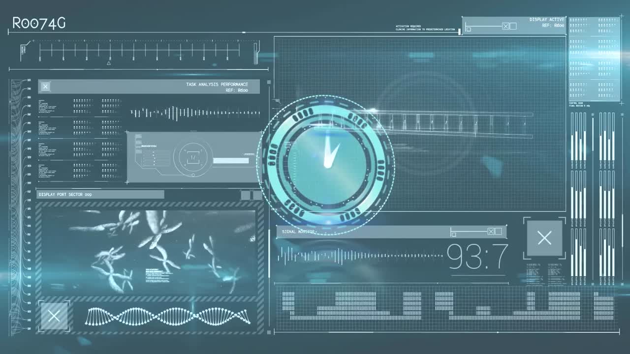 Animation of clock, dna strand and data processing on screen