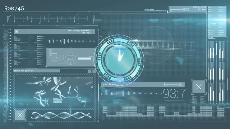Animation of clock, dna strand and data processing on screen