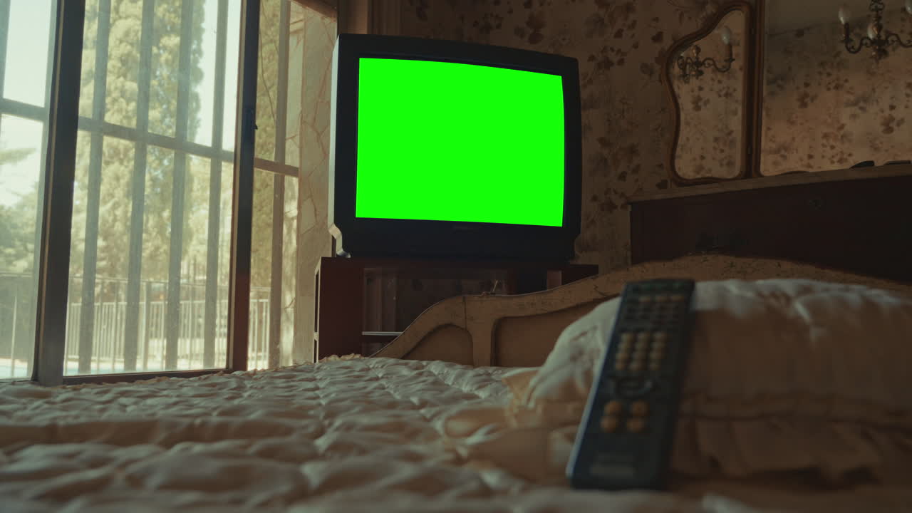 Retro Bedroom with Old CRT Television and Green Screen