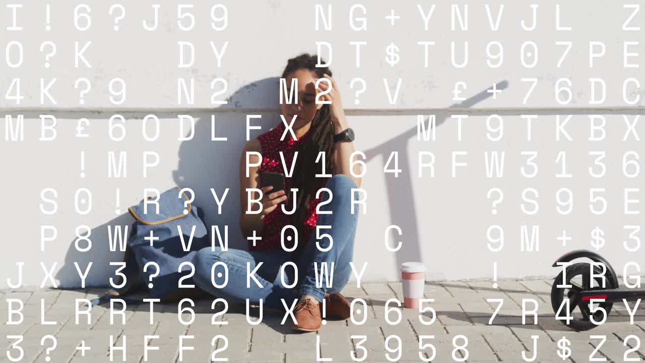 Sitting against wall, person with digital code animation overlay in school setting