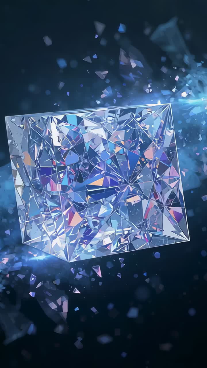 Video verticale: banda blu pulsante che causa la rotazione di un cubo di vetro in un vuoto oscuro, frammenti che si allontanano