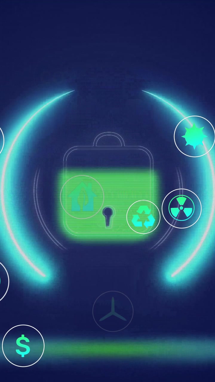 Animazione di icone di energia rinnovabile e protezione ambientale su simbolo di lucchetto luminoso