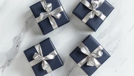 blue gift boxes with silver ribbons