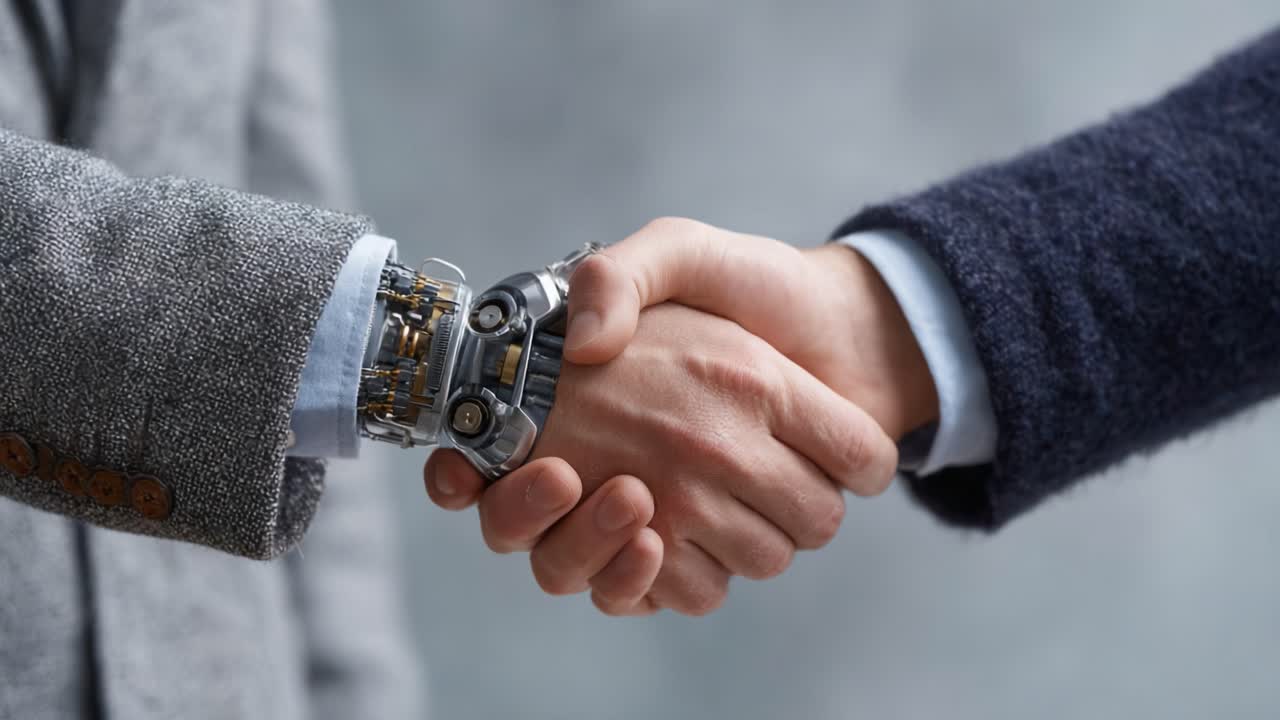 Una stretta di mano futuristica tra un umano e un braccio robotico, che simboleggia la collaborazione e l'integrazione della tecnologia nella vita di tutti i giorni