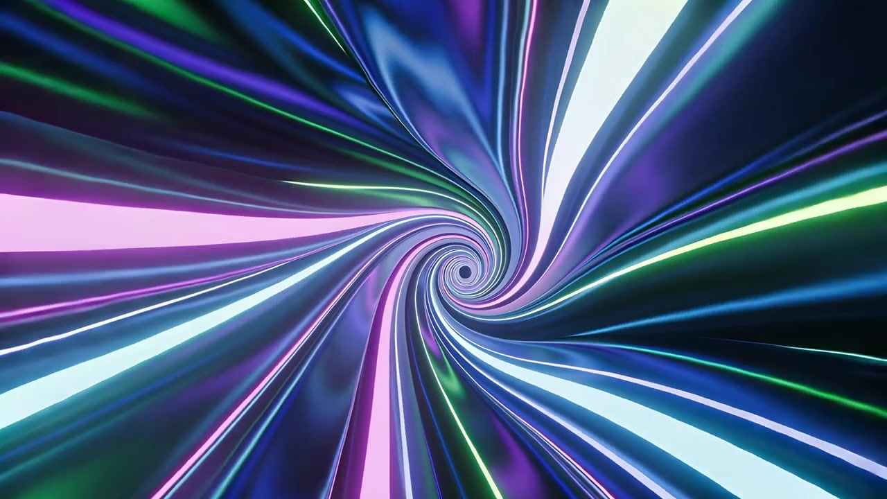 Avvio della riproduzione: vortice a spirale centrale che ruota in senso orario, risucchiando un tunnel CGI con nastri al neon.