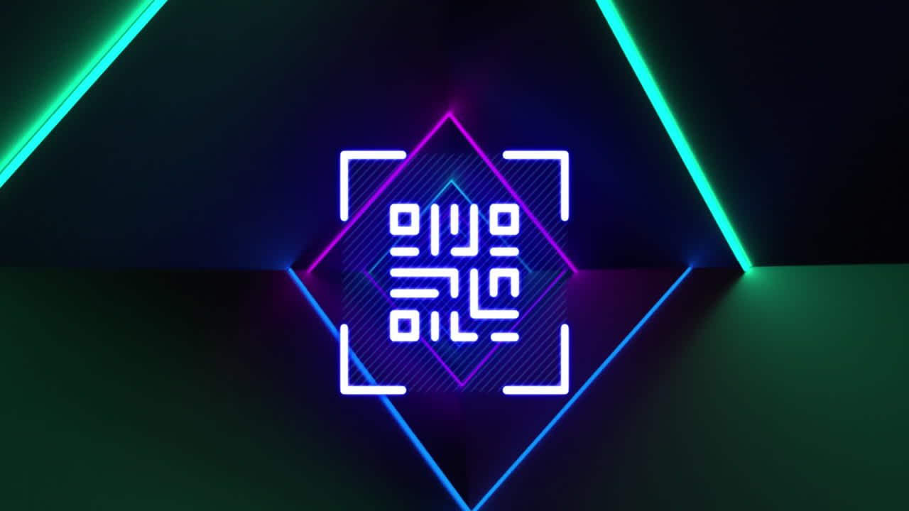 animación del icono qr sobre rastros de luz en fondo negro.