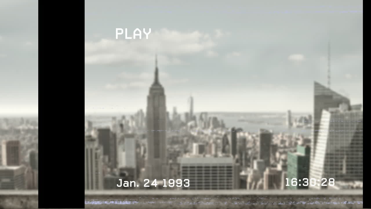 City skyline with animation overlay showing date January 24, 1993