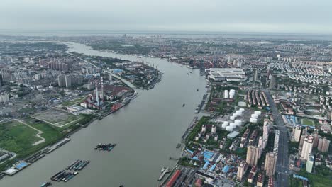 drone aerial view of industrial area with oil tank and factories