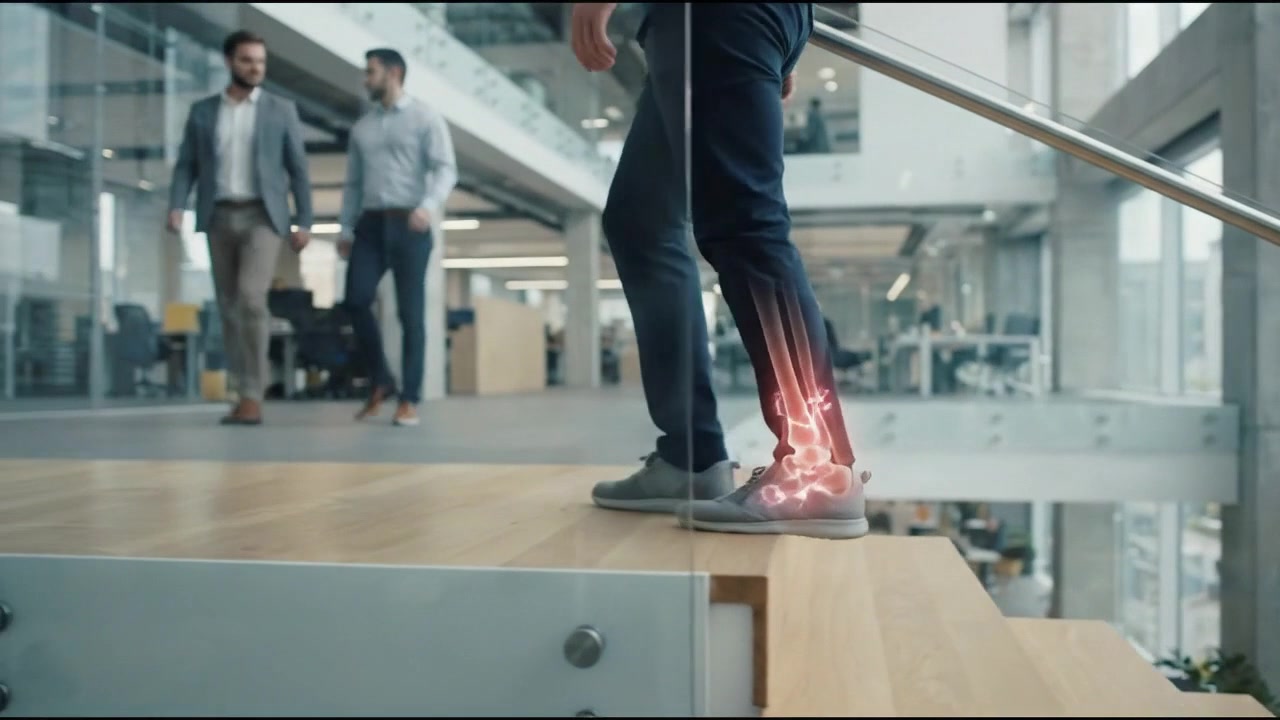 Male patient stepping carefully during a lower limb mobility assessment