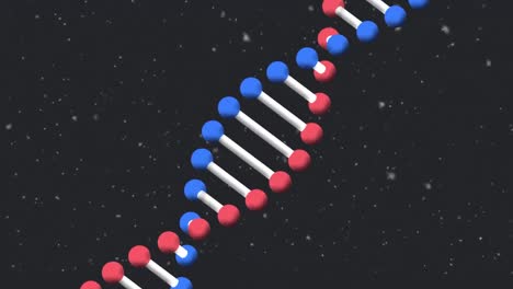animación de una cadena de adn de modelo 3d giratorio y nieve cayendo sobre un fondo negro