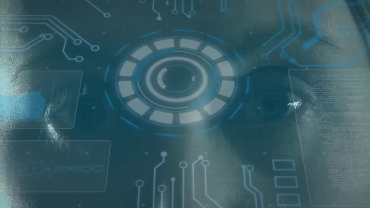 Animation of scope scanning and computer processor over man's face in background