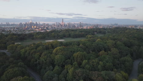 aerial view of new york city at sunset. shot during autumn at dusk.