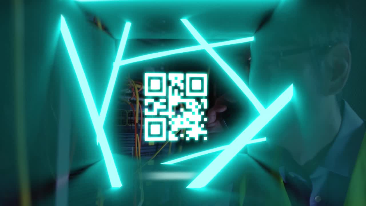 Animation of qr code and neon shapes over asian businessman in server room