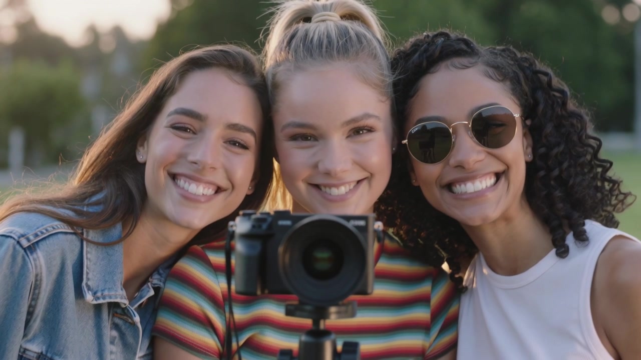 El temporizador comienza, tres amigos se inclinan, posan, usan gafas de sol y hacen muecas en un parque para una cámara con trípode.