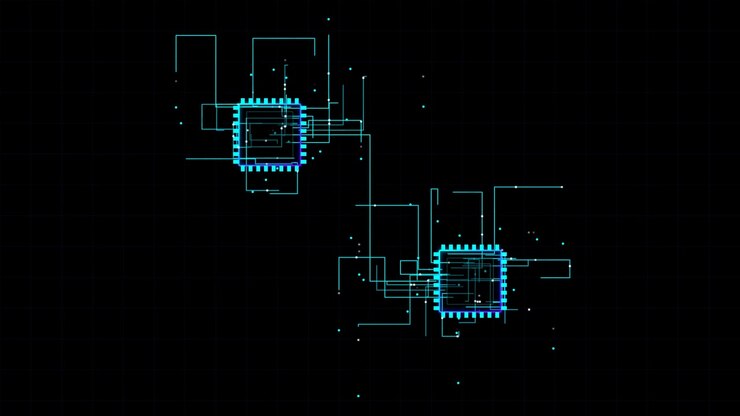 Digital Circuit Board Animation with Glowing Data Connections