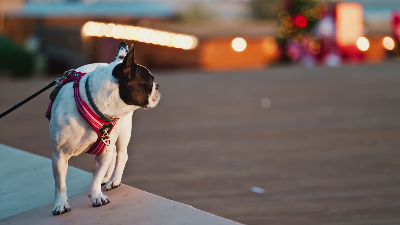 Close up of a French bulldog walking on the beach with a blurred background