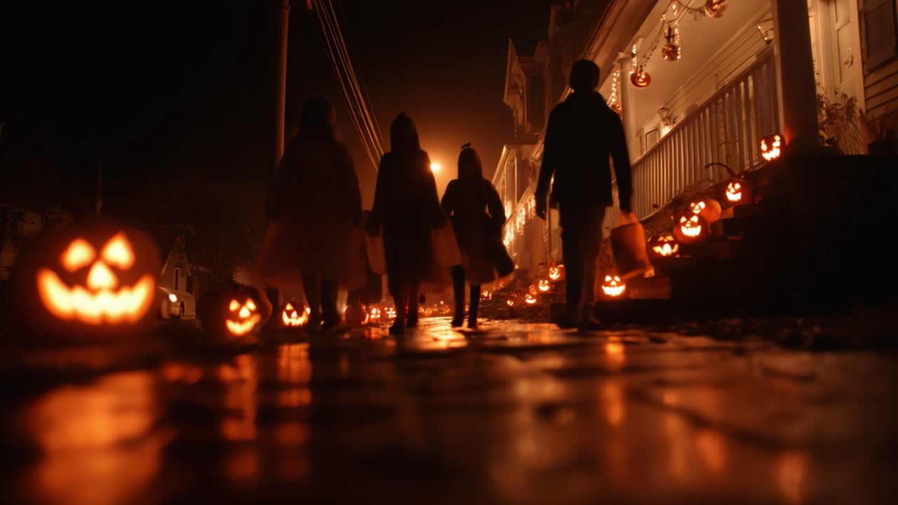 A Spooky Halloween Night: Children in Costumes Walking Down a Dimly Lit Street Surrounded by Glowing Jack-O'-Lanterns and Festive Decorations