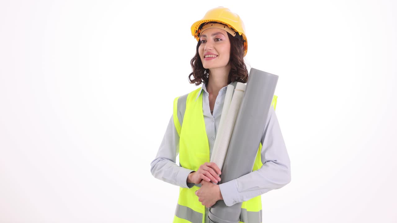 Professional Female Engineer or Architect Holding Blueprints and Hard Hat