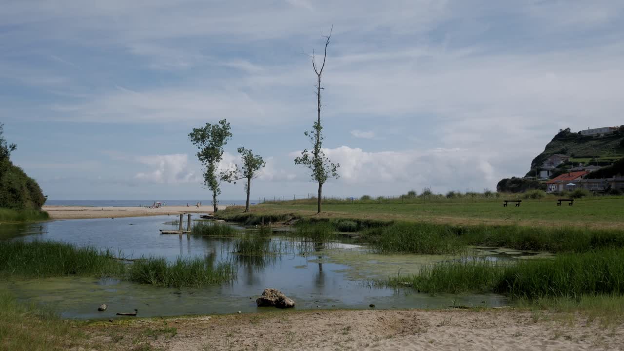 A peaceful scene of Arroyo De La Conchuga Luaña Beach with calm water, trees, and sandy shores
