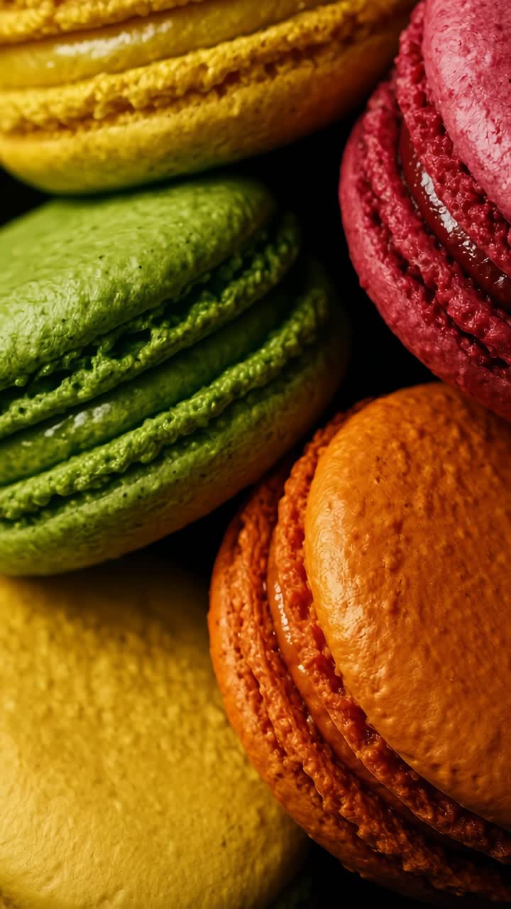 Close-up, vista superior de macarons coloridos empilhados, destacando texturas vibrantes
