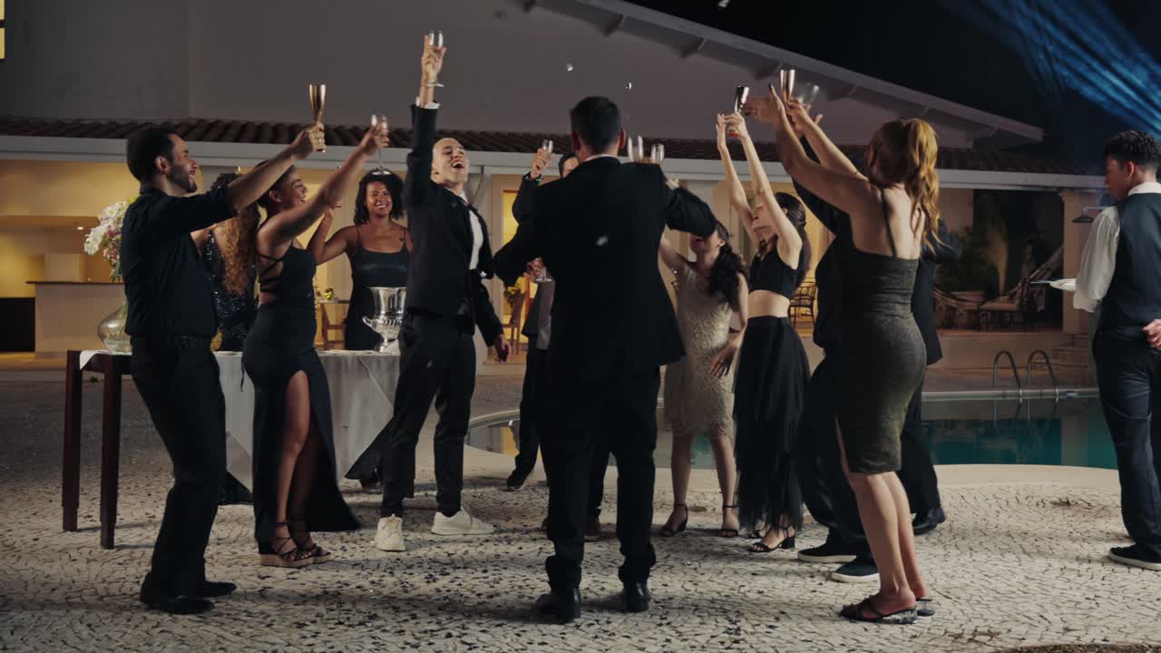 Elegant Nighttime Poolside Celebration with Friends