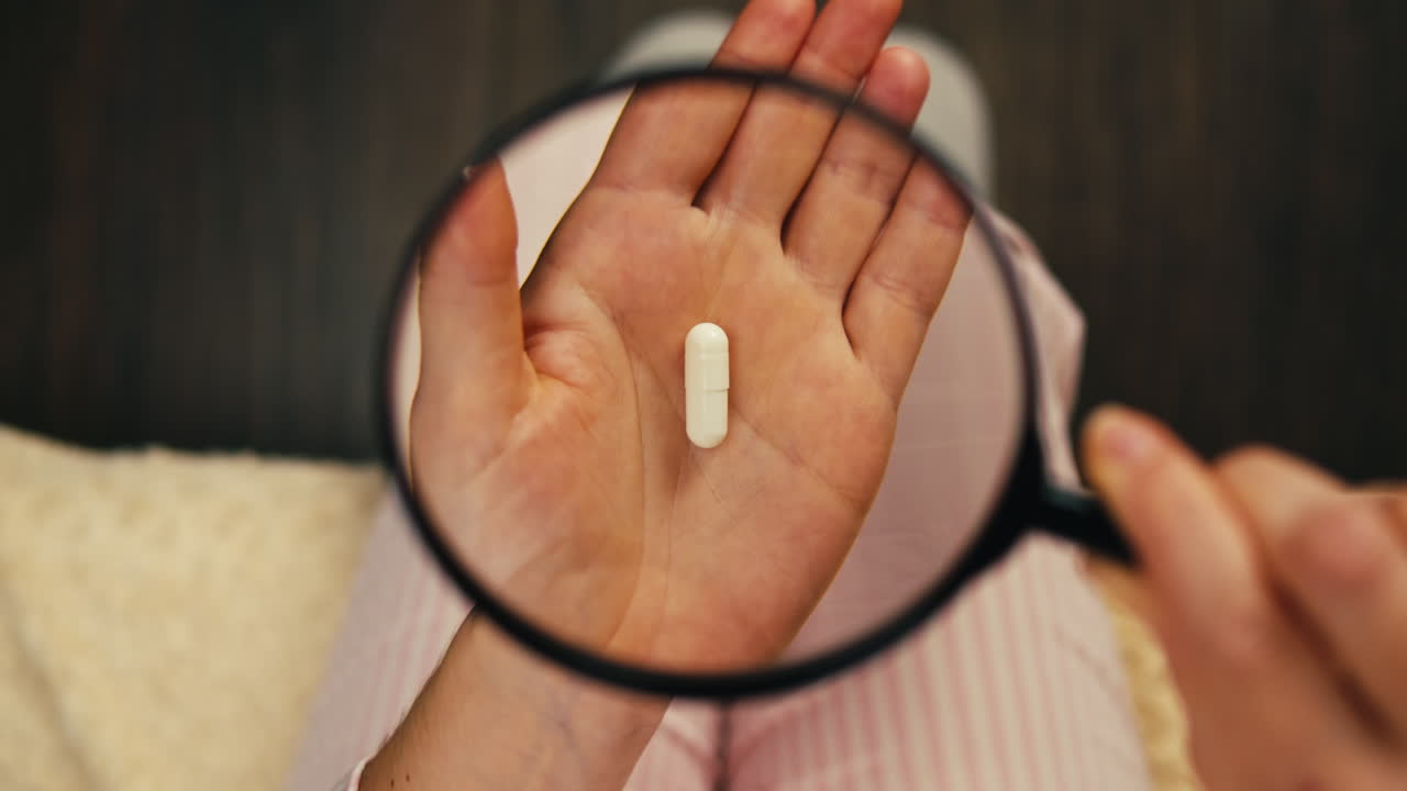 확대 유리 에서 약을 검사하는 것