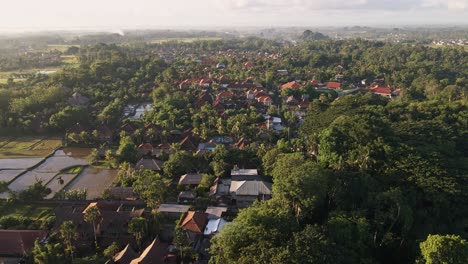 cinematic sunrise view of ubud town famous for traditional crafts with monkey forest at foreground