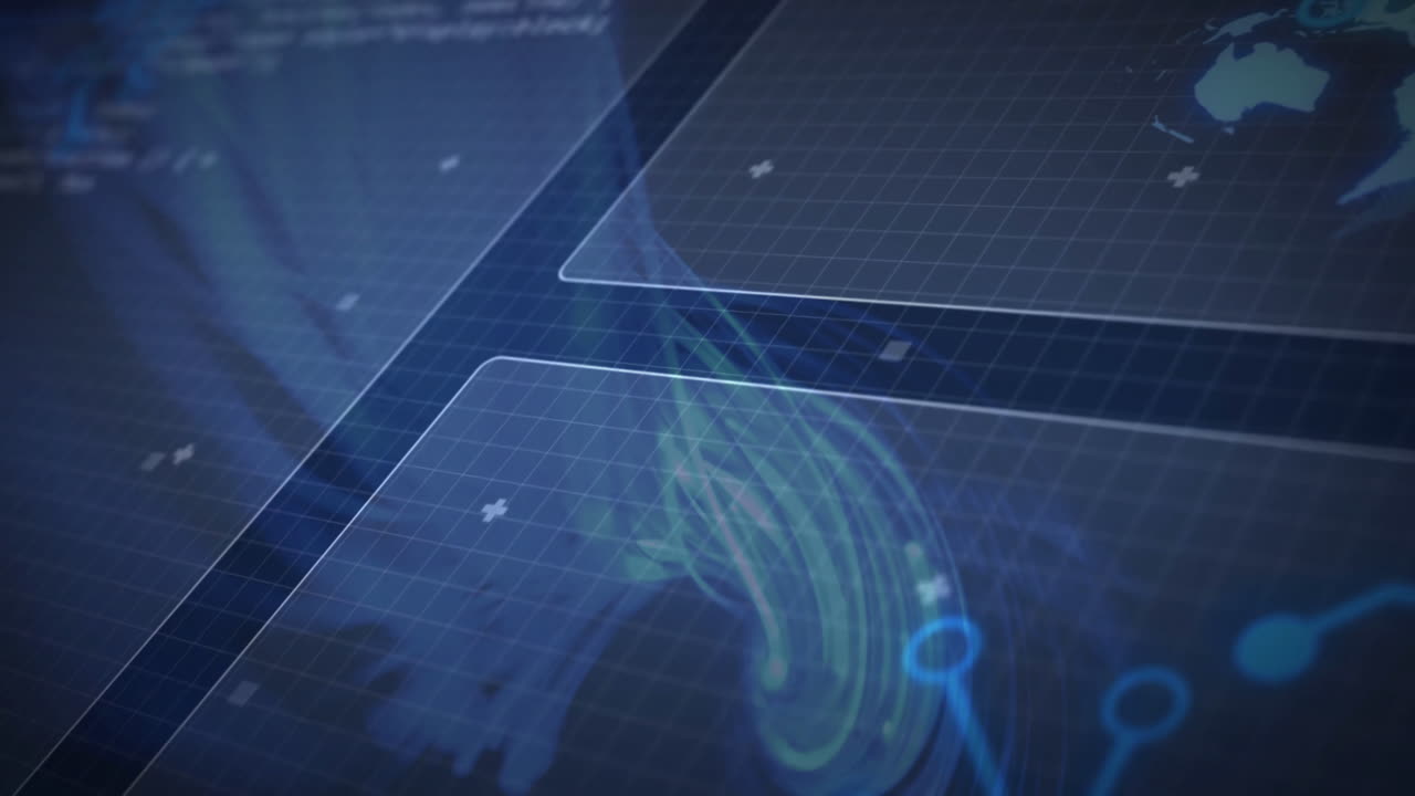 Abstract digital interface with blue grid and flowing lines animation