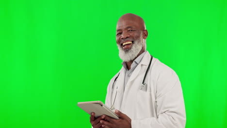 Green-screen,-tablet-and-doctor-face-isolated