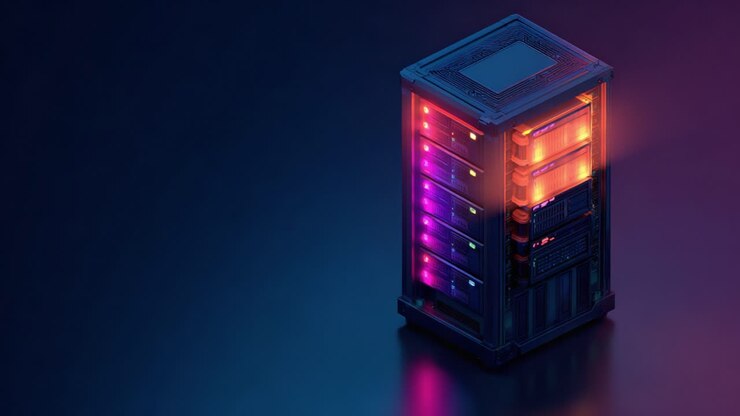 Rack server illuminato che mostra tecnologia avanzata con effetti di luce colorati, evidenziandone il design moderno e la funzionalità in un ambiente buio