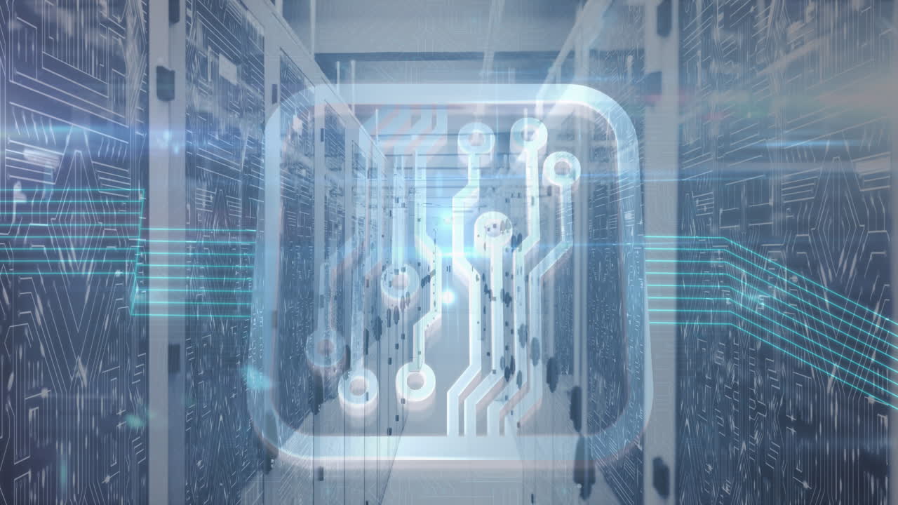 Digital animation of microprocessor connections against empty server room