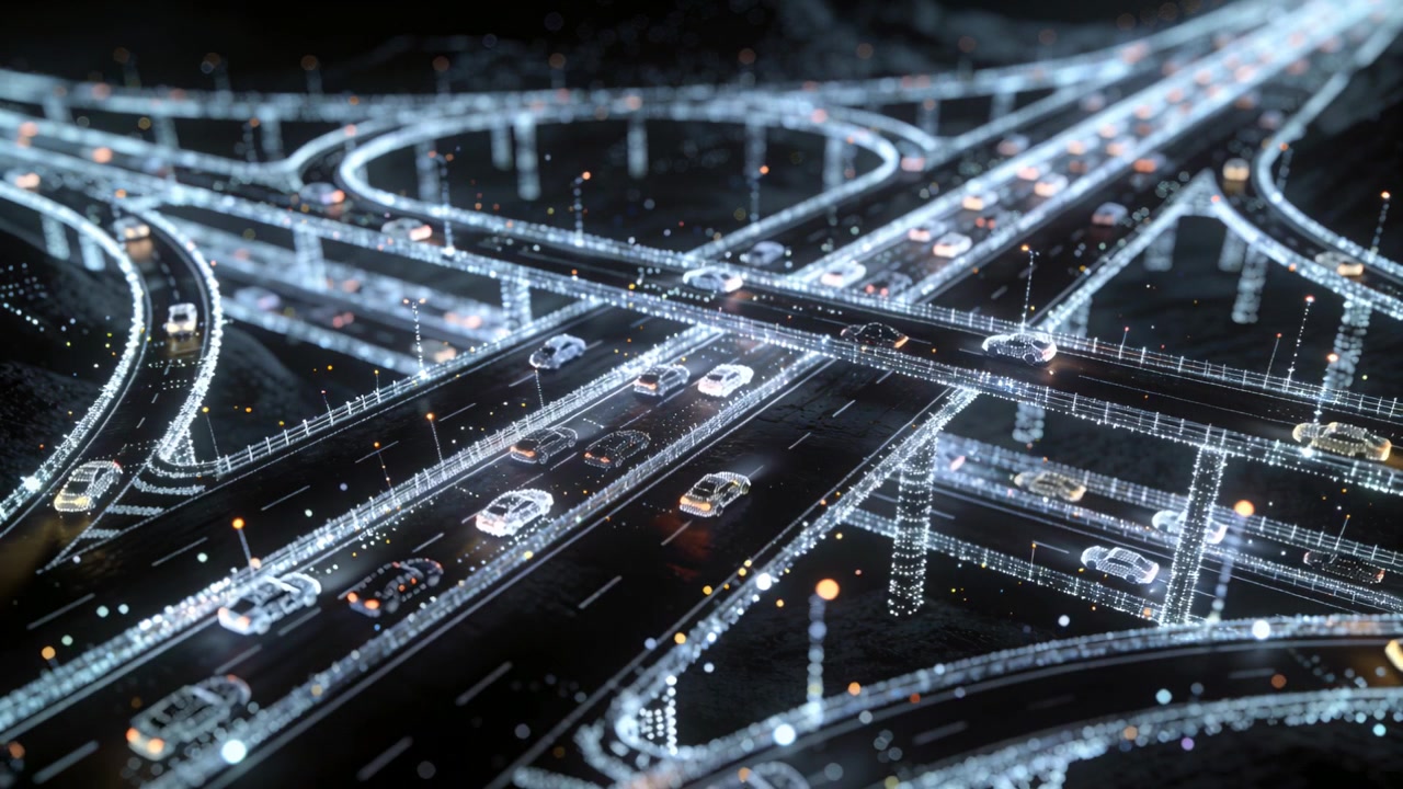 Svincolo multilivello illuminato e scorrevole che guida le auto lungo le rampe di notte, con segnaletica di corsia pulsante.