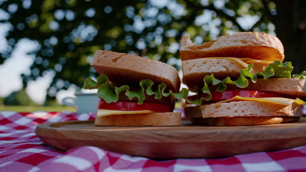Een serene picknickscène onder een boom, gefilmd vanuit een laag standpunt