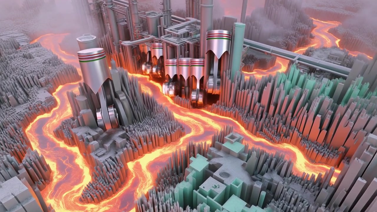 Abstract Industrial Cityscape with Moving Pistons and Glowing Lava Streams