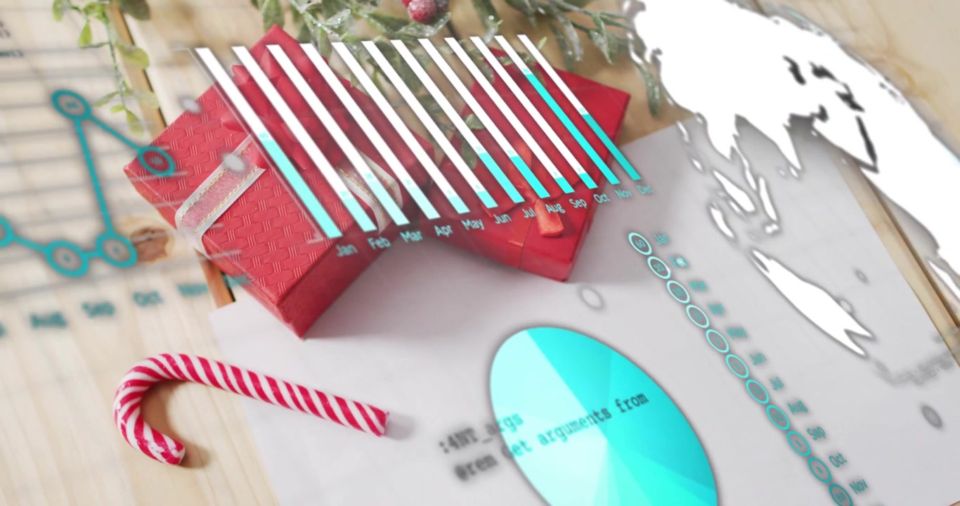 Bar chart sliding over gift boxes morphing into data overlays to illustrate sales then exiting